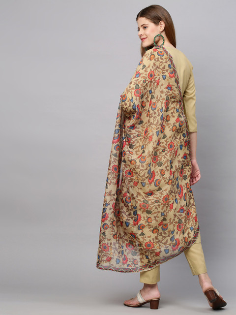 KALINI Women Beige Floral Yoke Design Straight Kurta with Trousers & With Dupatta