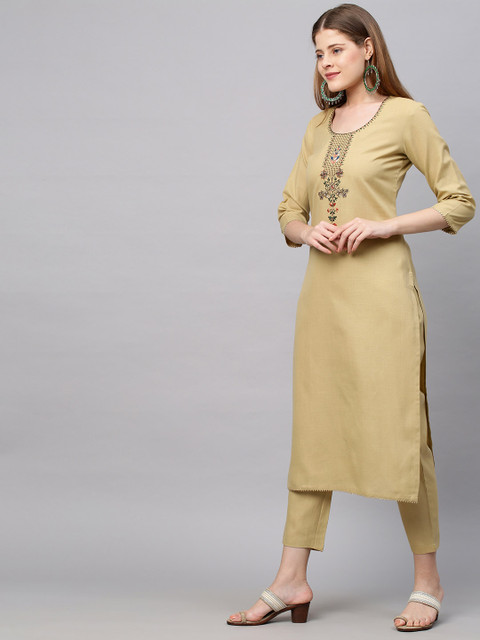 KALINI Women Beige Floral Yoke Design Straight Kurta with Trousers & With Dupatta