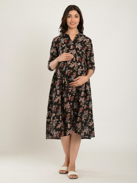 CRAFIQA Black Floral Maternity & Nursing Cotton A-Line Midi Dress