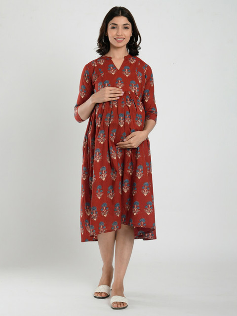 CRAFIQA Maroon Floral Maternity & Nursing Cotton Midi Dress