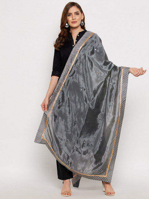 Clora Creation Grey & Gold-Toned Printed Dupatta with Gotta Patti