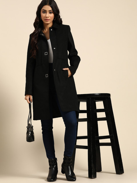all about you Women Black Solid Longline Overcoat