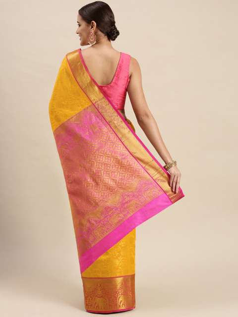 Royal Rajgharana Saree Yellow & Gold Floral Zari Silk Blend Celebrity Banarasi Sarees - Image 3