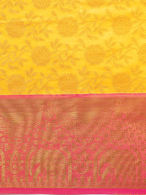 Royal Rajgharana Saree Yellow & Gold Floral Zari Silk Blend Celebrity Banarasi Sarees - Image 4