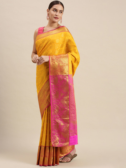 Royal Rajgharana Saree Yellow & Gold Floral Zari Silk Blend Celebrity Banarasi Sarees - Image 2