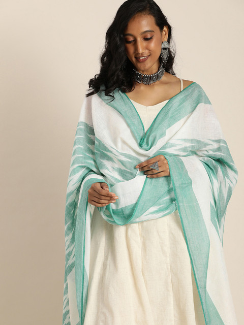 Taavi White & Green Ethnic Motifs Woven Design Pure Cotton Ikat Dupatta