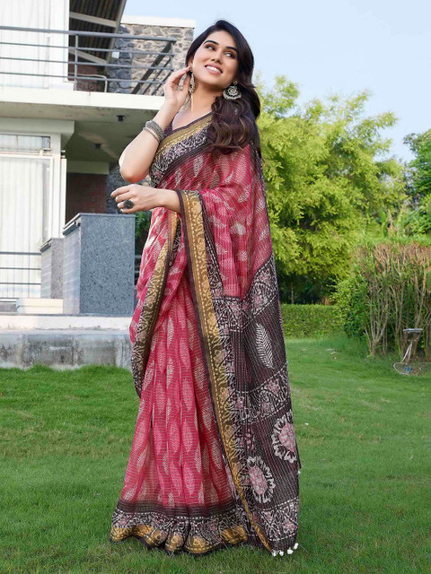 MIRCHI FASHION Pink & White Batik Zari Saree