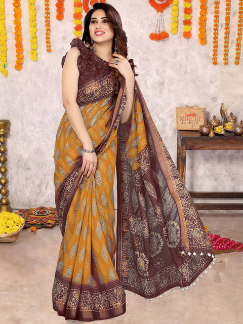 MIRCHI FASHION Mustard & Brown Ethnic Motifs Cotton Blend Saree