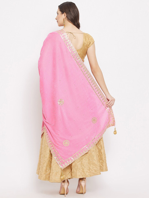 Clora Creation Pink & Gold-Toned Ethnic Motifs Embroidered Velvet Dupatta with Gotta Patti - Image 4