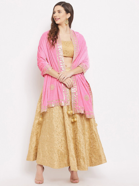 Clora Creation Pink & Gold-Toned Ethnic Motifs Embroidered Velvet Dupatta with Gotta Patti - Image 5