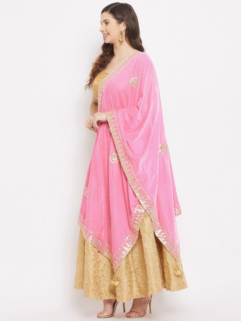 Clora Creation Pink & Gold-Toned Ethnic Motifs Embroidered Velvet Dupatta with Gotta Patti - Image 3