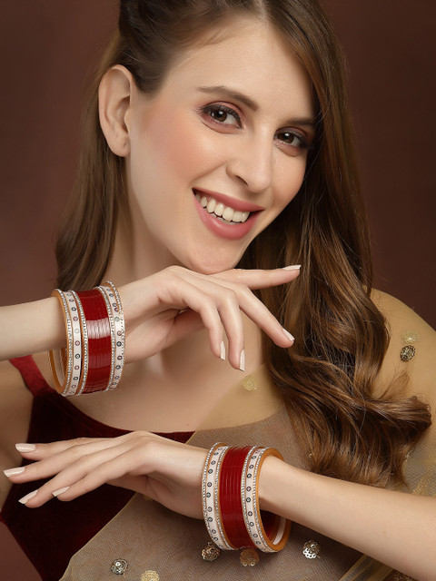 PANASH Set Of 24 Gold-Plated Red AD Stone Studded Chuda Set - Image 5