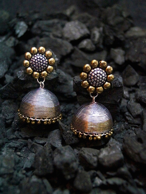 Rubans Oxidised Silver & Antique Gold-Toned Dome-Shaped Jhumkas