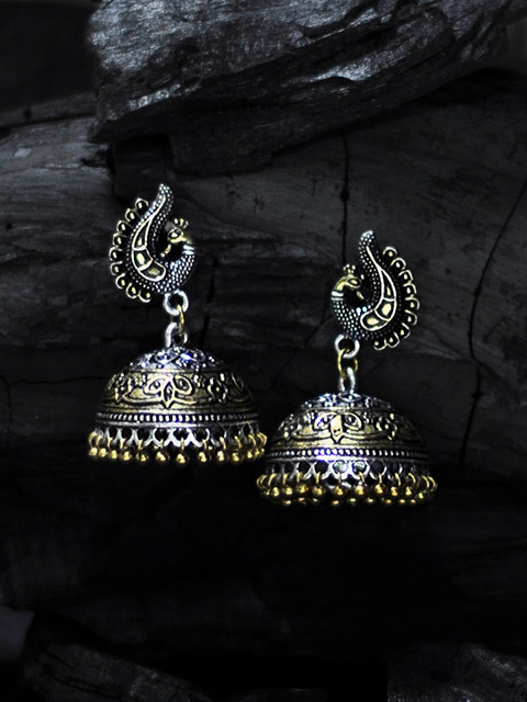 Rubans Oxidised Gold-Toned & Silver-Toned Dome-Shaped Jhumkas