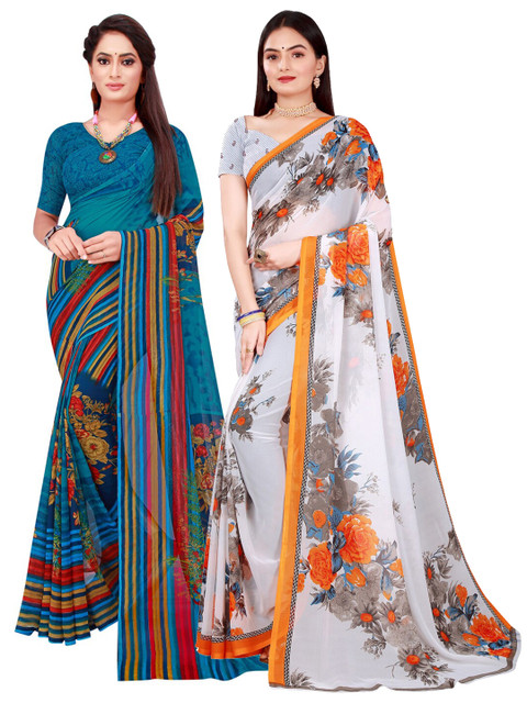 KALINI White & Blue Pure Georgette Saree