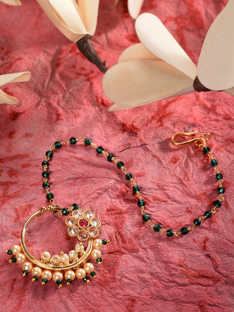 Saraf RS Jewellery Gold-Plated Green & White CZ-Studded Nosepin With Chain