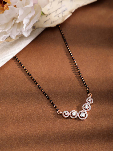Rubans 18K Rose Gold Plated Cubic Zirconia Studded Black Beaded Mangalsutra
