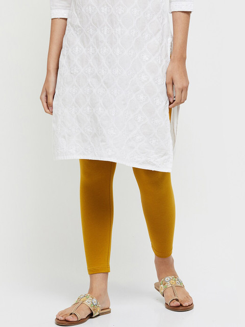 max Women Mustard-Yellow Solid Cotton Ankle-Length Leggings
