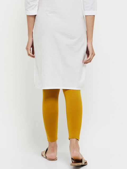 max Women Mustard-Yellow Solid Cotton Ankle-Length Leggings - Image 3