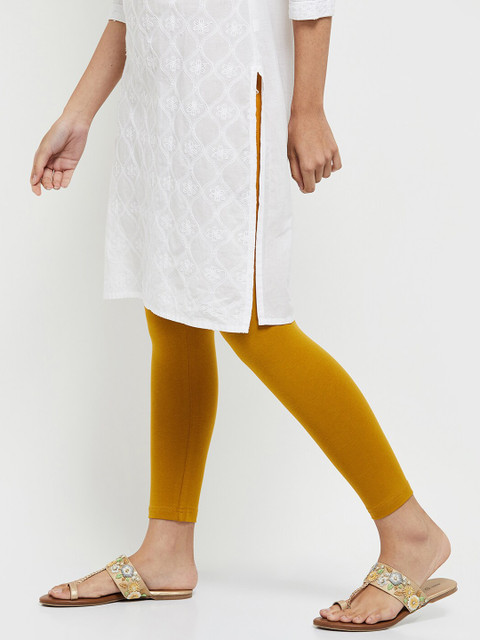 max Women Mustard-Yellow Solid Cotton Ankle-Length Leggings - Image 2