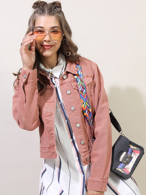 Tokyo Talkies Women Pink Solid Denim Jacket