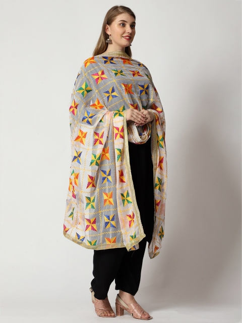 WEAVERS VILLA White & Blue Embroidered Dupatta with Thread Work - Image 6