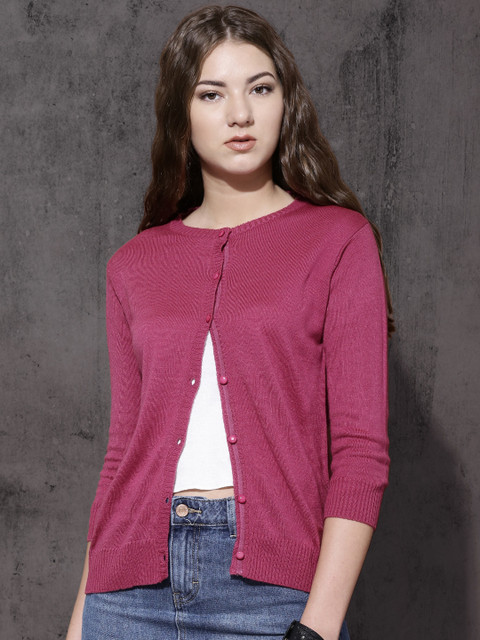 Roadster Women Pink Solid Cardigan
