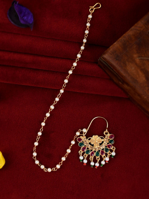 Silvermerc Designs Gold-Toned Green & Red Stones-Studded & Pearl Beaded Nose Ring