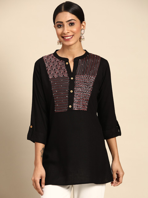 Sangria Black Yoke Embroidered A-Line Top