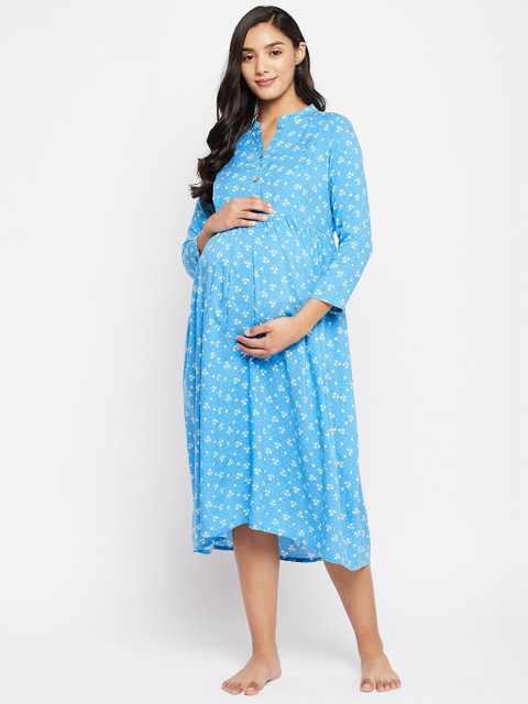 Hypernation Blue Printed Maternity Nightdress