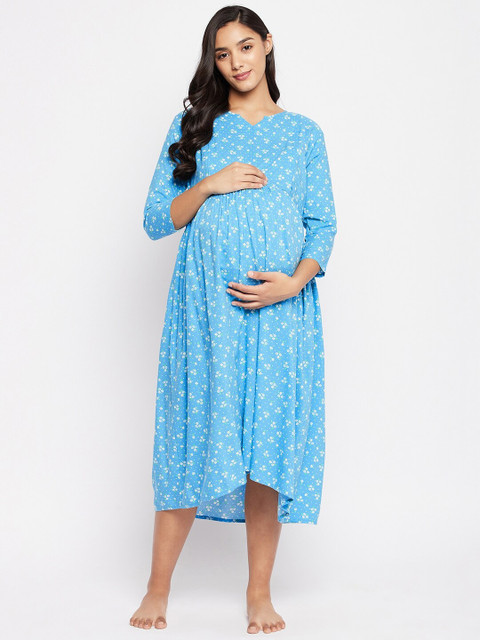 Hypernation women Blue Printed Maternity Nightdress