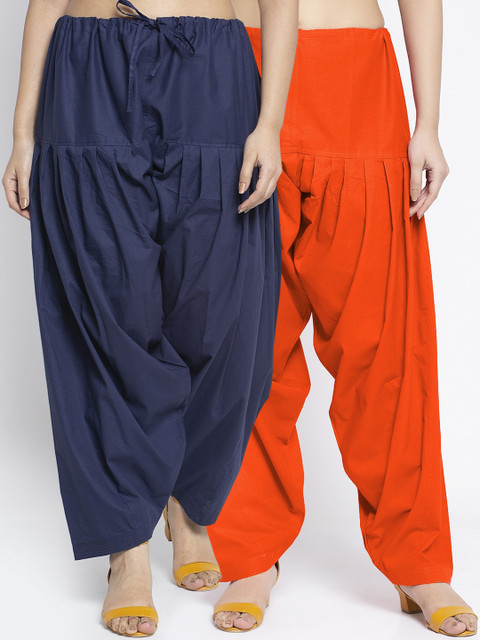 GRACIT Women Pack Of 2 Orange & Navy Blue Solid Loose Fit Cotton Salwars