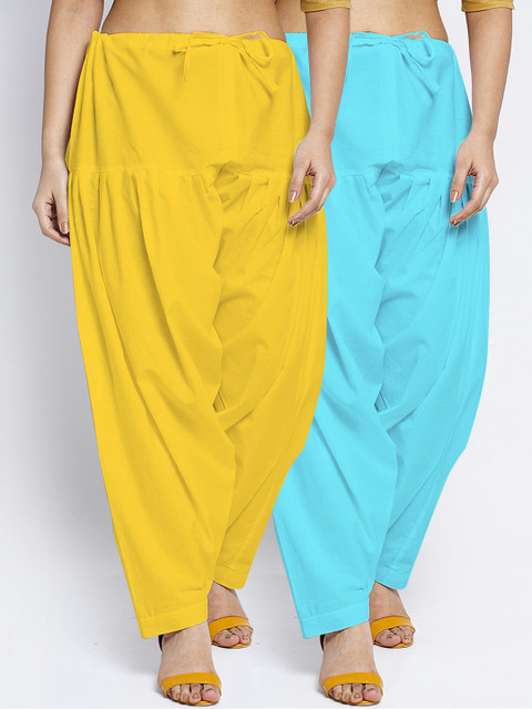 GRACIT Women Pack Of 2 Yellow and Blue Solid Pure Cotton Patiala Salwar