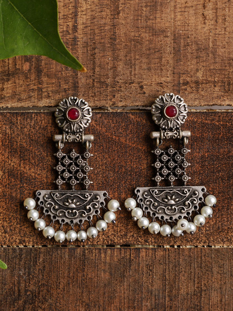 VENI Oxidised Silver Plated Oval Drop Earrings