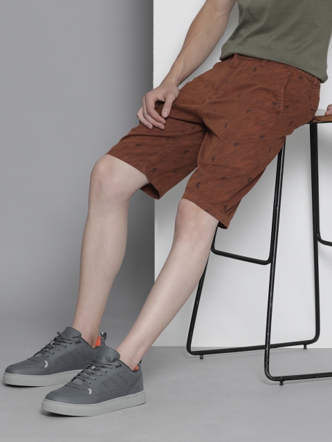 The Indian Garage Co Men Brown Tropical Printed Slim Fit Shorts