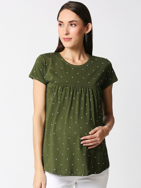 AV2 Olive Green Maternity Pure Cotton Print Top