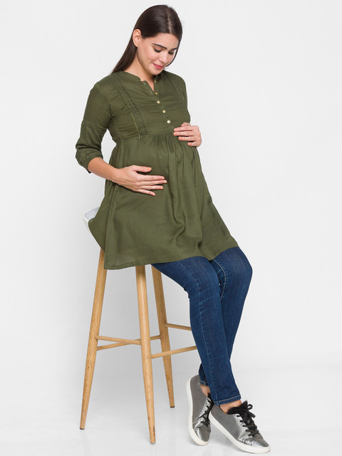 AV2 Olive Green Mandarin Collar Longline Top