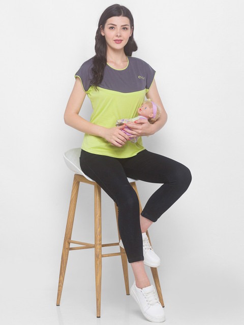 AV2 Maternity Lime Green Colourblocked Extended Sleeves Cotton Top