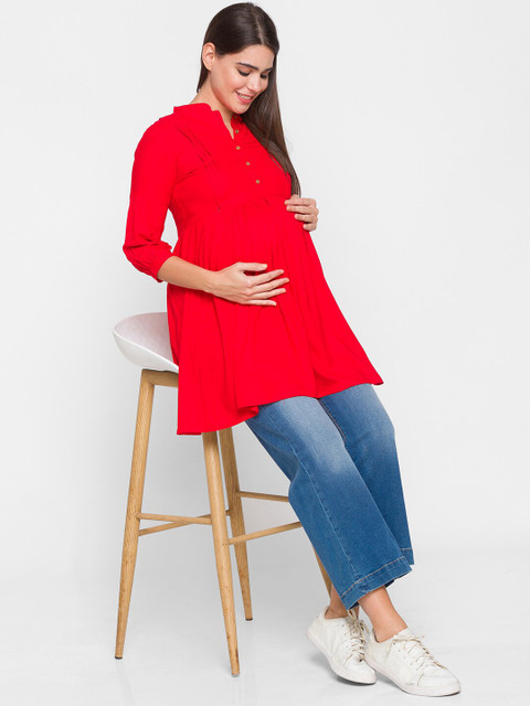 AV2 Red Mandarin Collar Shirt Style Longline Top