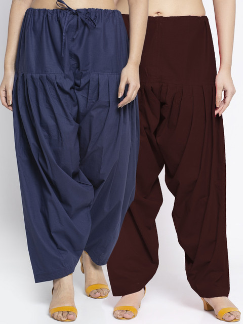 Jinfo Women Navy Brown Pack Of 2 Solid Cotton Salwar