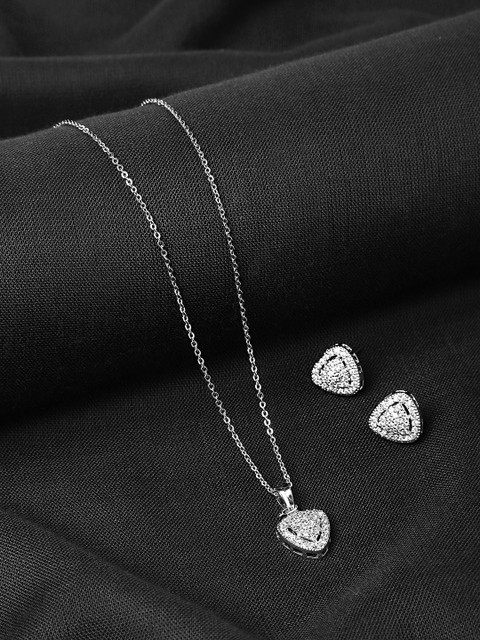 Yellow Chimes Silver Toned American Dimaond Crytal Studded Geometric Shaped Pendant Set