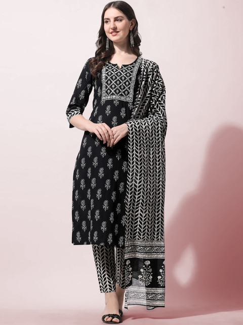 KALINI Women Plus Size Black Printed Pure Cotton Kurta with Trousers & Dupatta