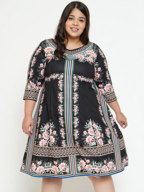 Amydus Plus Size Black Floral A-Line Dress