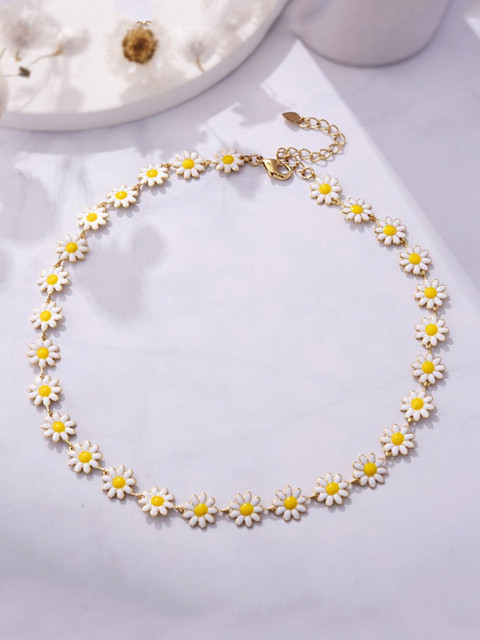 Yellow Chimes Gold-Toned & White Floral Pearl studded Choker Necklace - Image 7