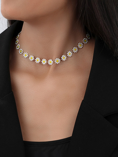 Yellow Chimes Gold-Toned & White Floral Pearl studded Choker Necklace - Image 2