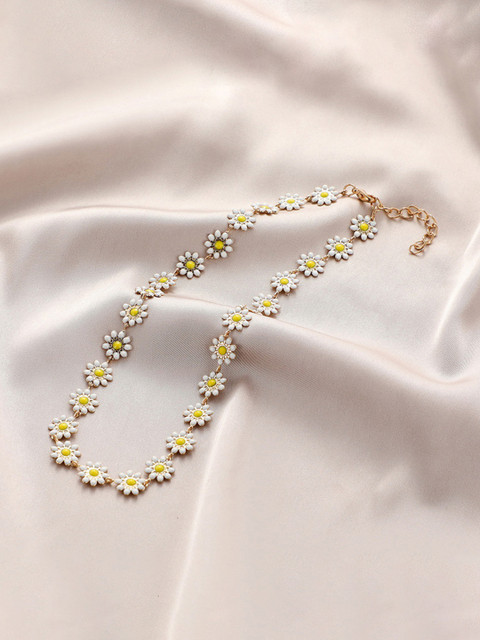 Yellow Chimes Gold-Toned & White Floral Pearl studded Choker Necklace - Image 6