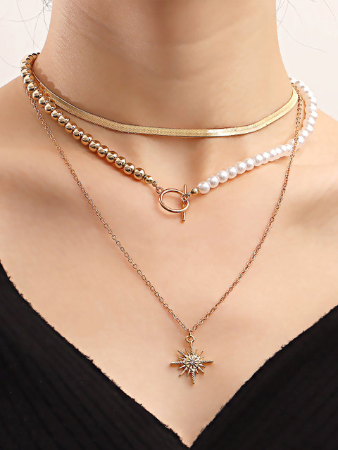 Yellow Chimes Gold Tone Pearl Bead Layered Charm Dainty Neckchain