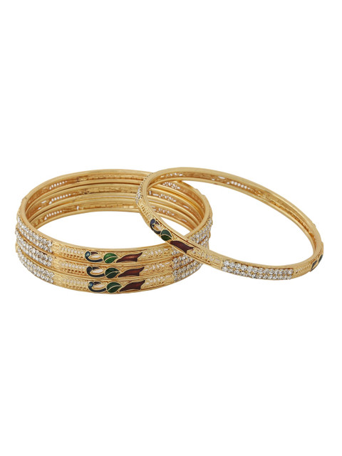 VIRAASI Set Of 4 White & Green Gold-Plated Stone-Studded Handcrafted Bangles - Image 2