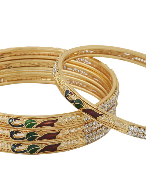 VIRAASI Set Of 4 White & Green Gold-Plated Stone-Studded Handcrafted Bangles - Image 5