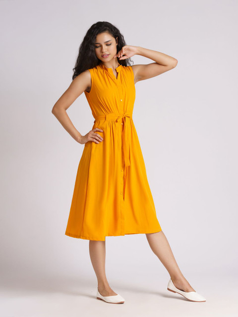 AASK Mustard Yellow Crepe Plus Size Dress - Image 3